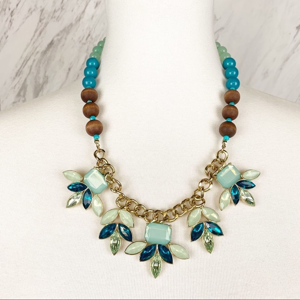 Teal‎ Mint Wood Beaded Gold Chain Statement Necklace Boho Coastal Chic Vacation